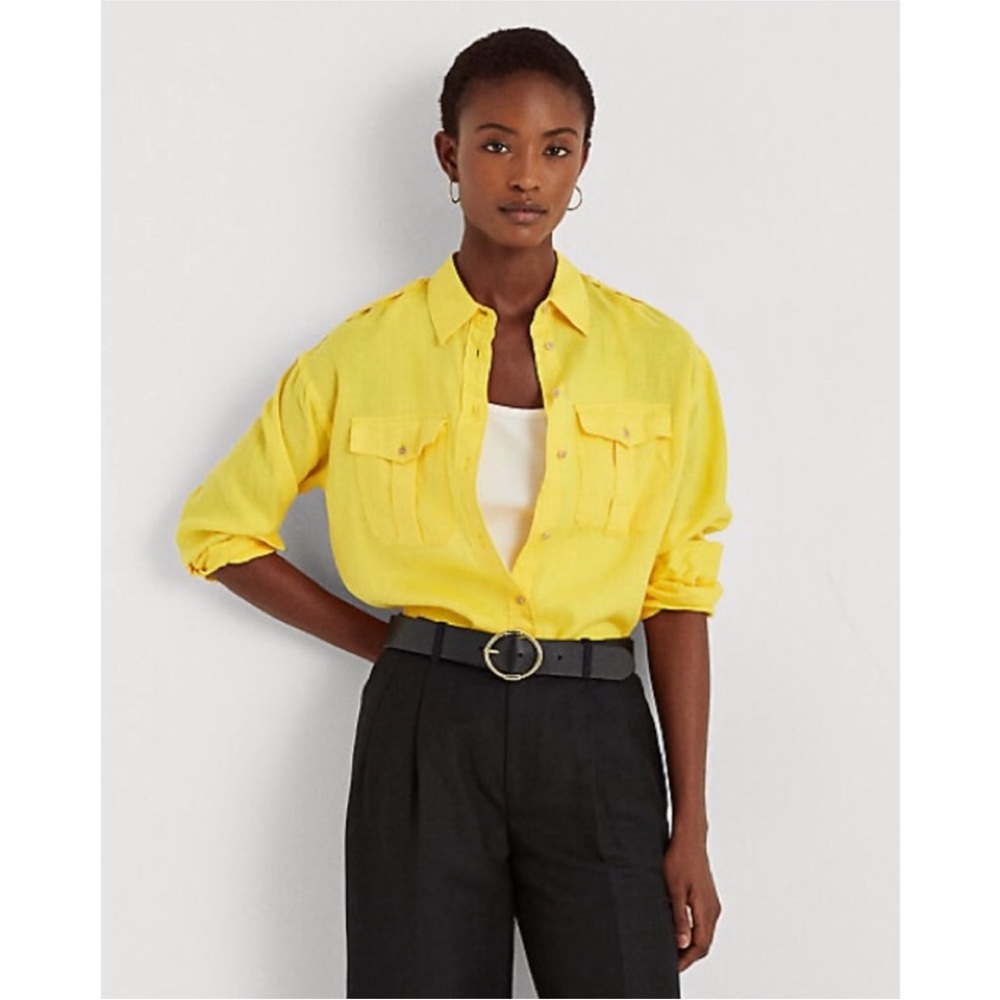 Ralph Lauren Linen yellow button down top with roll up sleeves